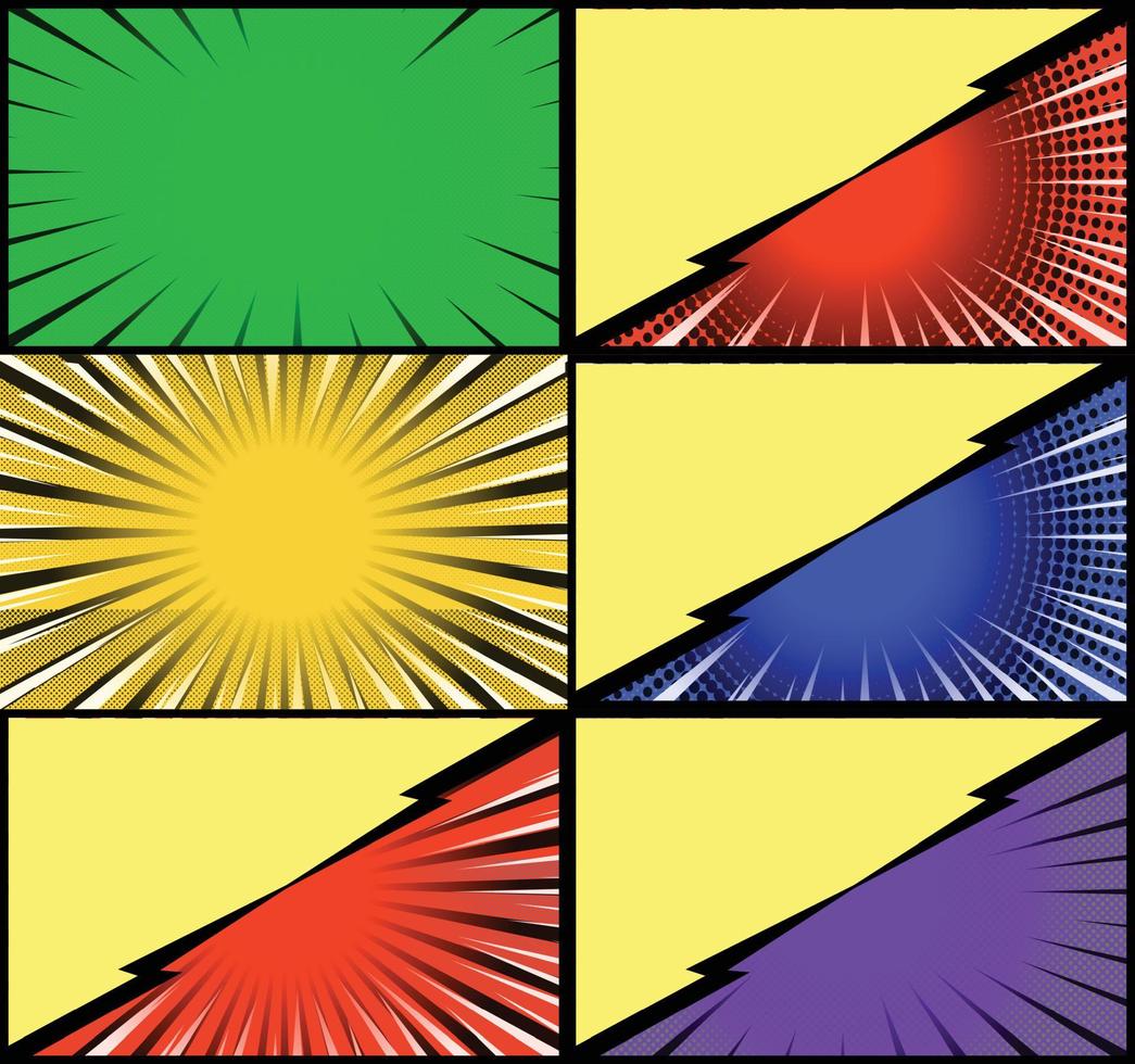 fundo de quadros coloridos de quadrinhos com raios de meio-tom radial e efeitos pontilhados estilo pop art vetor