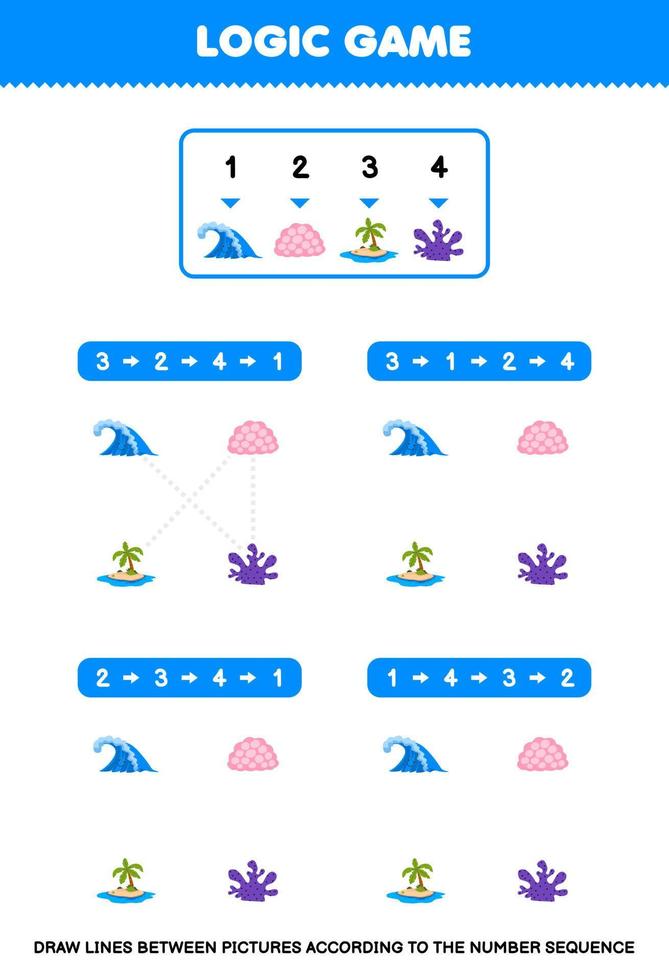 jogo de educação para crianças desenhe linhas de acordo com as sequências numéricas de imagens de coral de ilha de ondas de desenho animado para imprimir planilha de natureza vetor