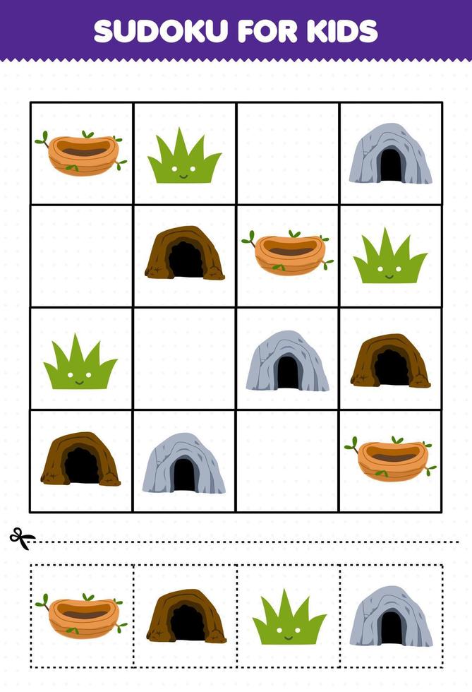 jogo de educação para crianças sudoku para crianças com desenho bonito ninho den grama caverna planilha de natureza imprimível vetor