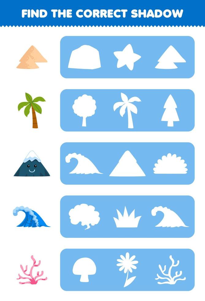 jogo de educação para crianças encontre a silhueta de sombra correta de desenho animado fofo palmeira de areia onda de montanha coral para impressão planilha de natureza vetor