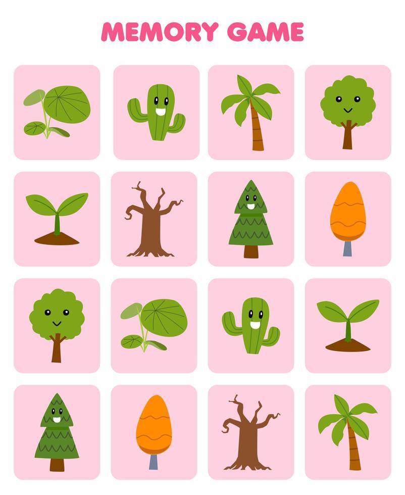 jogo de educação para a memória das crianças para encontrar imagens semelhantes de folha de trabalho de natureza imprimível de planta de pinheiro cacto bonito dos desenhos animados vetor