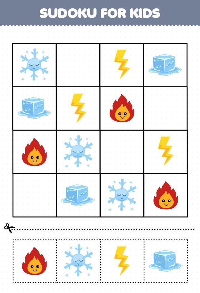 jogo de educação para crianças sudoku para crianças com desenho bonito fogo floco de neve trovão gelo planilha de natureza imprimível vetor