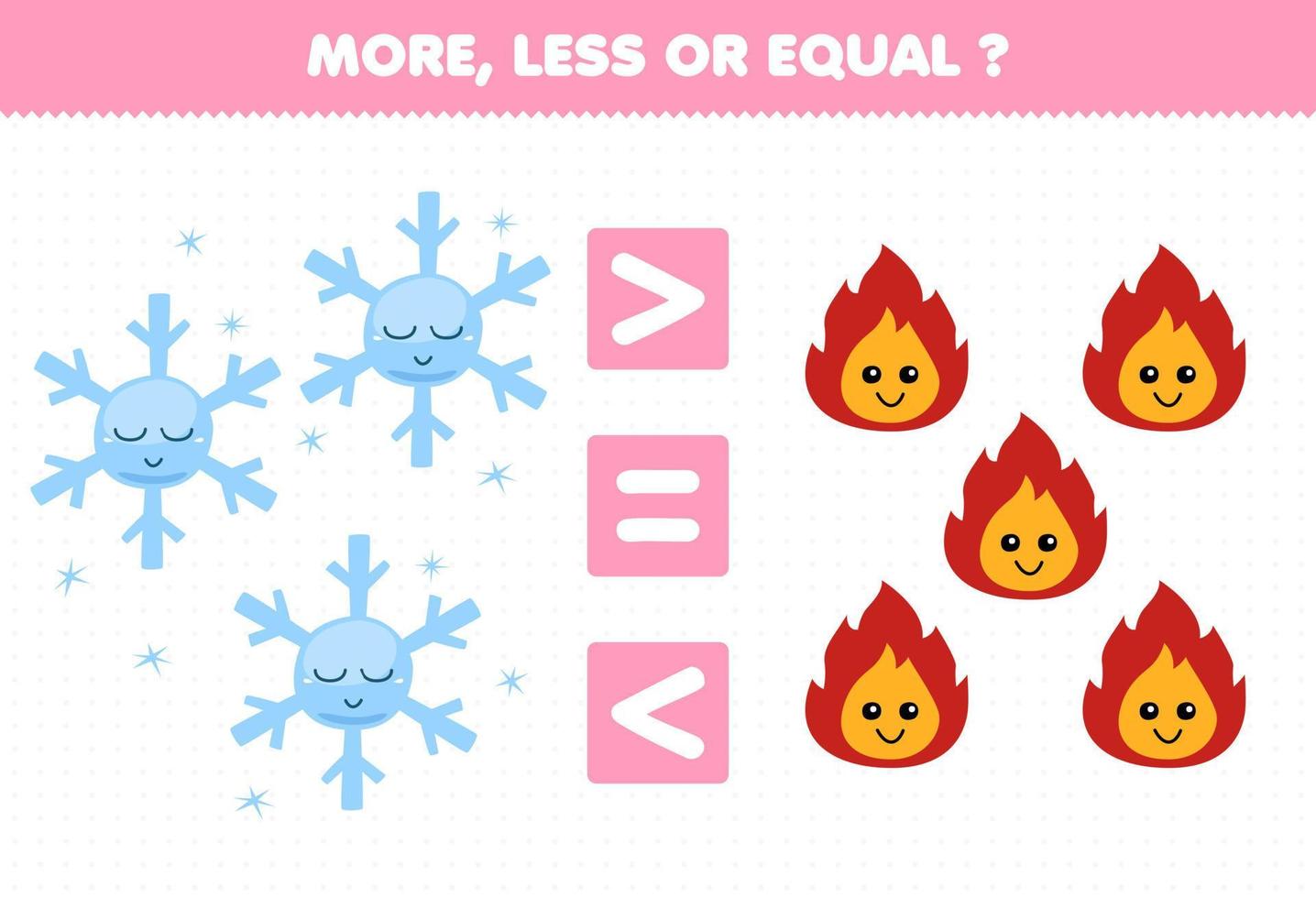 jogo educacional para crianças mais, menos ou igual, conte a quantidade de floco de neve de desenho animado e planilha de natureza imprimível de fogo vetor