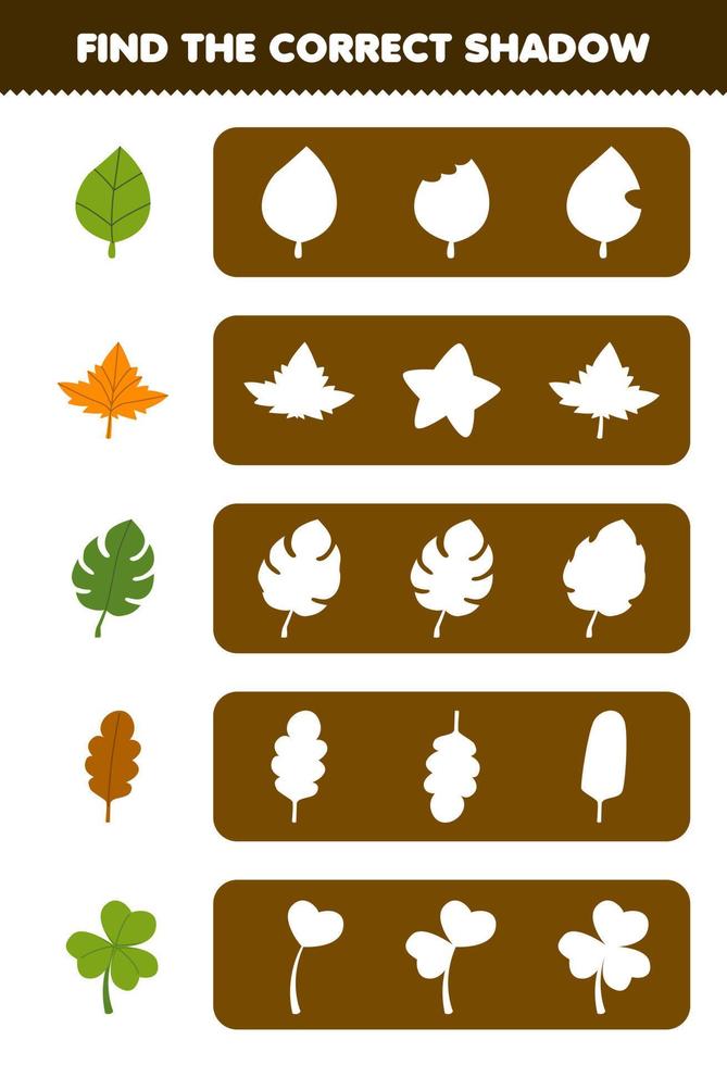 jogo de educação para crianças encontre a silhueta de sombra correta da planilha de natureza imprimível de folha de desenho animado bonito vetor