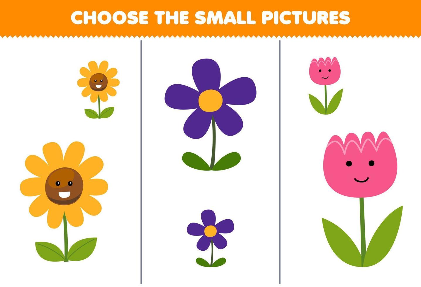 jogo de educação para crianças, escolha a pequena imagem da folha de trabalho de natureza imprimível de flor de desenho animado bonito vetor