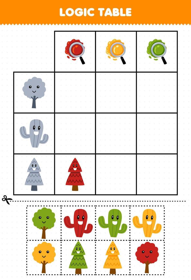 jogo de educação para crianças tabela de lógica desenhos animados cacto pinheiro jogo com planilha de natureza imprimível de cor correta vetor