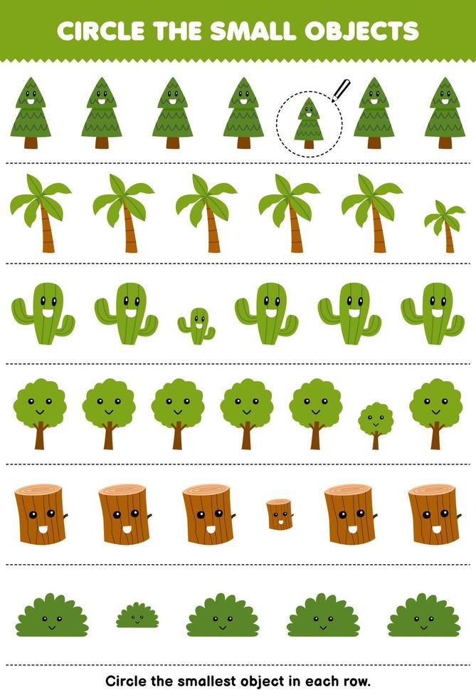 jogo de educação para crianças circule o menor objeto em cada linha de cactos de desenho animado bonito árvore de madeira arbusto de toras planilha de natureza imprimível vetor