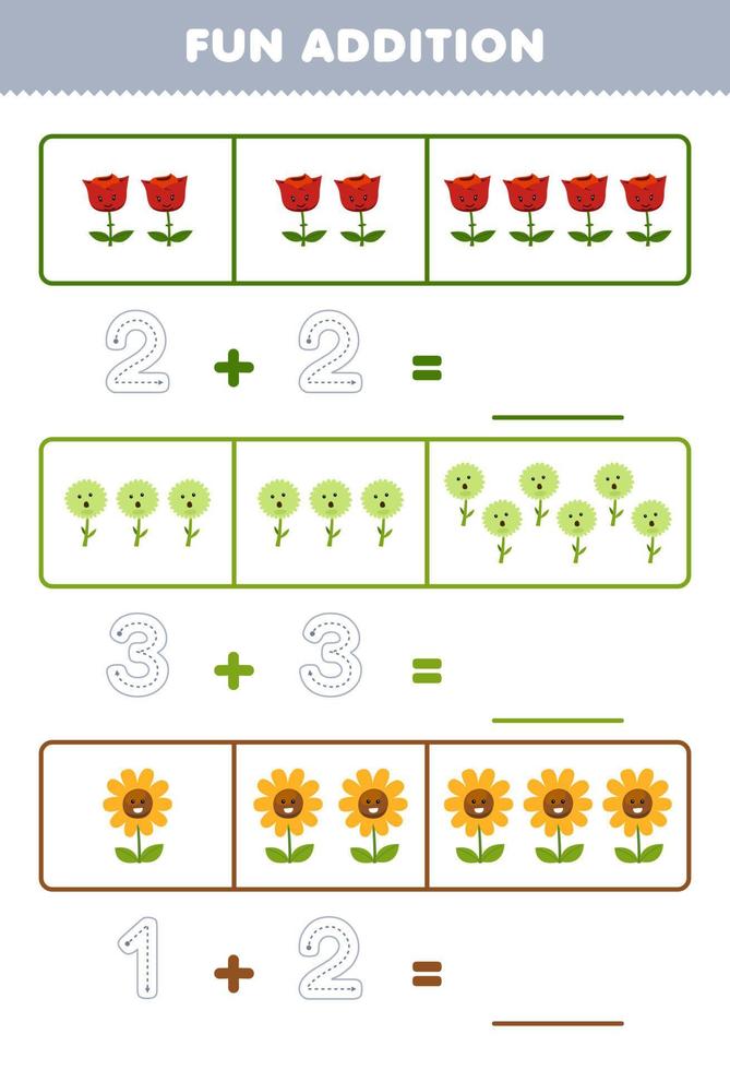 jogo educacional para adição divertida de crianças, contando e rastreando o número de folha de trabalho de natureza imprimível de flor de desenho animado bonito vetor