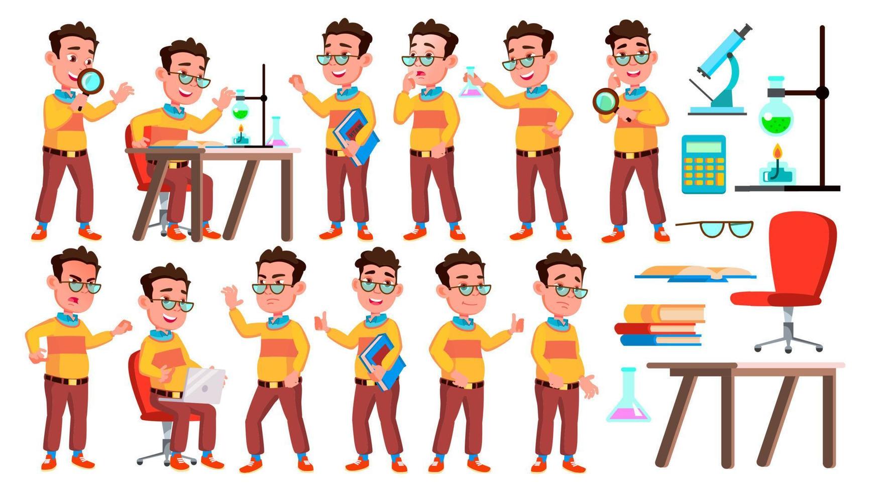 menino estudante garoto poses conjunto de vetores. criança do ensino médio. aluno criança. universidade, pós-graduação, classe. para apresentação, convite, design de cartão. ilustração isolada dos desenhos animados vetor