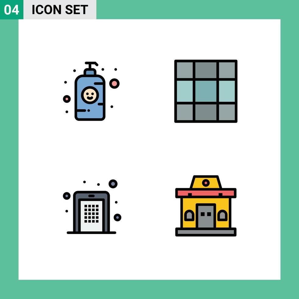 pacote de interface do usuário de 4 cores planas básicas de linha preenchida de loção para bebês, acesso à garrafa de loção, construção de elementos de design de vetores editáveis