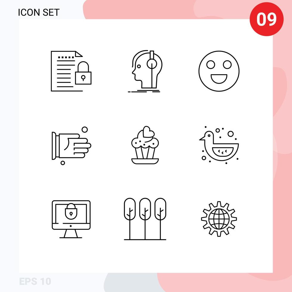 9 ícones criativos, sinais e símbolos modernos de contrato de cupcake, produtor, aperto de mão, elementos de design de vetores editáveis felizes