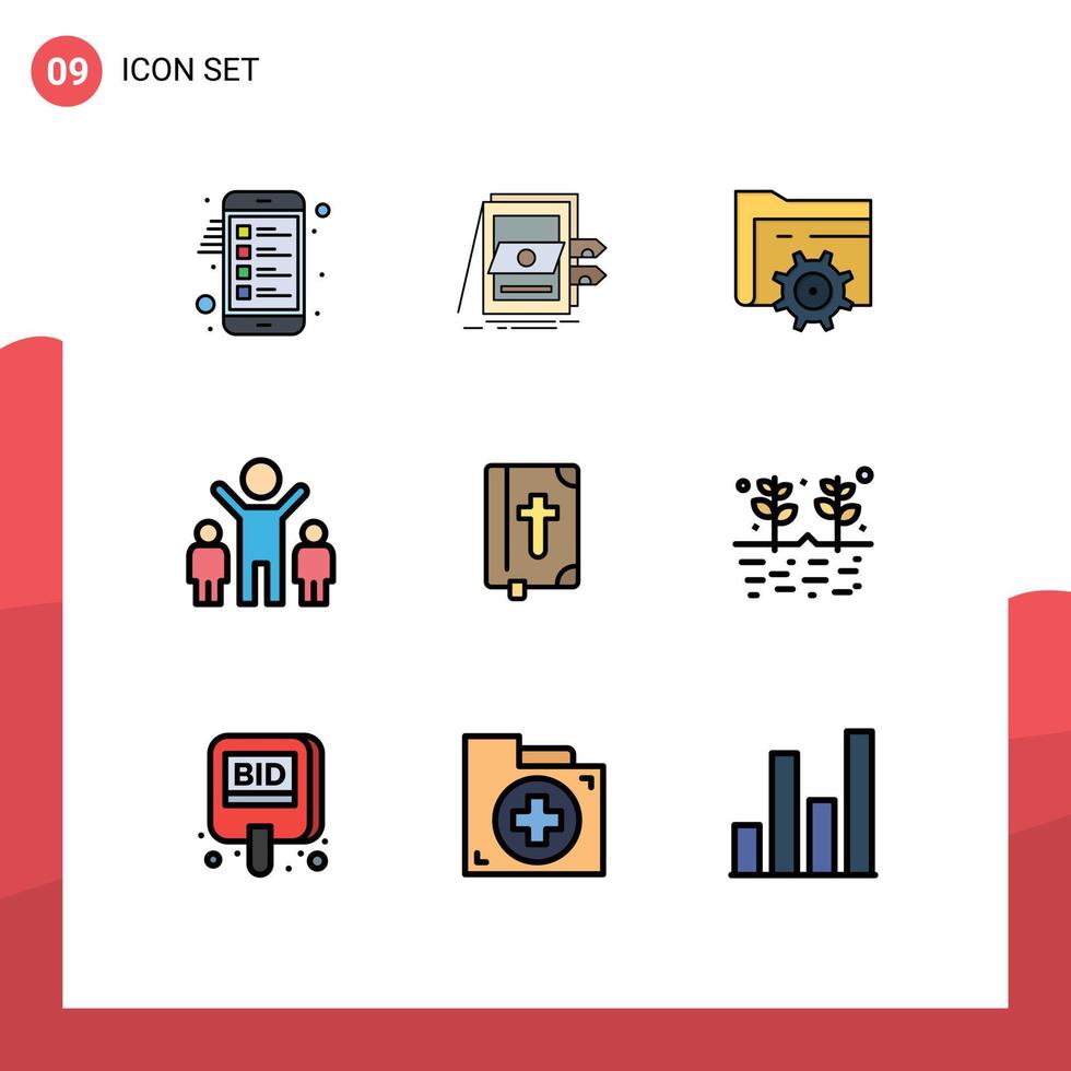 conjunto de cores planas de linha preenchida de interface móvel de 9 pictogramas de grupos de arquivos de pessoas bybel que computam elementos de design vetorial editáveis vetor
