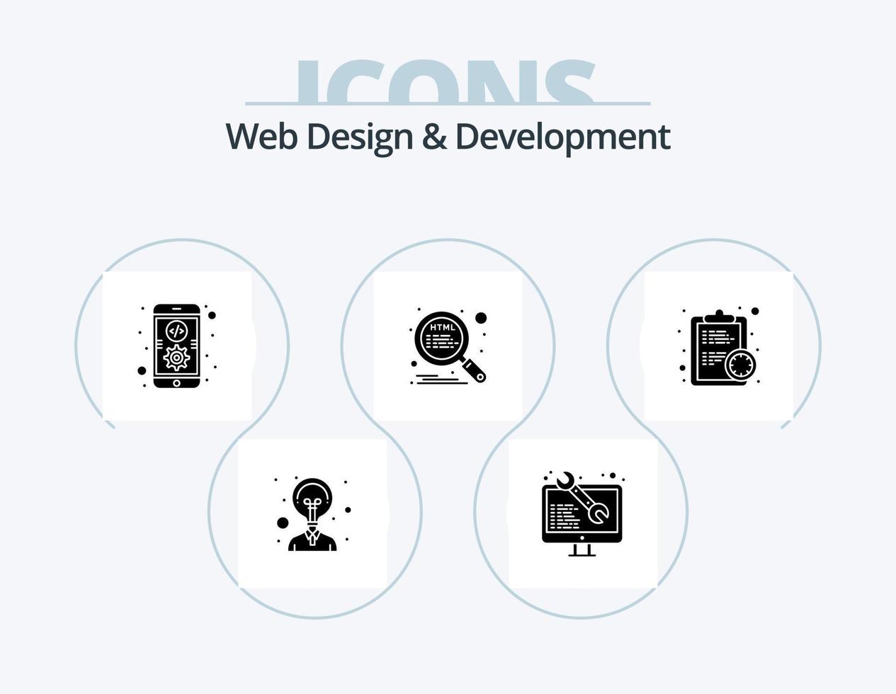 design de ícones do pacote de ícones de glifos de desenvolvimento e design da web 5 design de ícones. prazo final. seo. aplicativo. procurar. html vetor