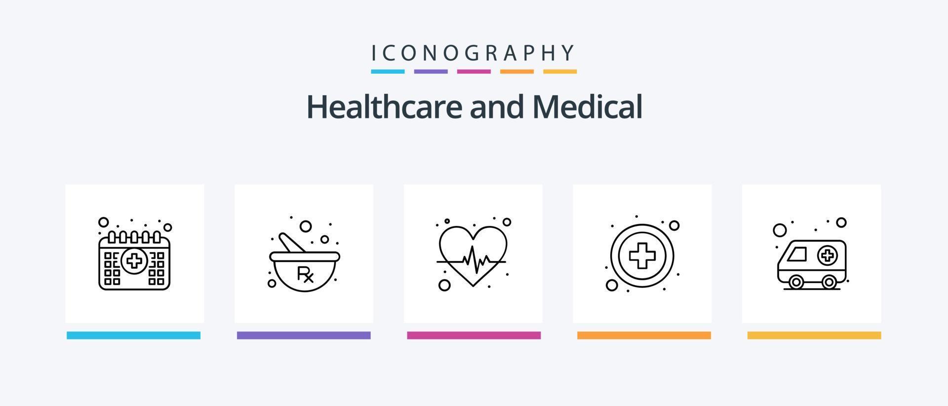 pacote de ícones da linha médica 5, incluindo médico. coração. consultório. plano. cuidados de saúde. design de ícones criativos vetor