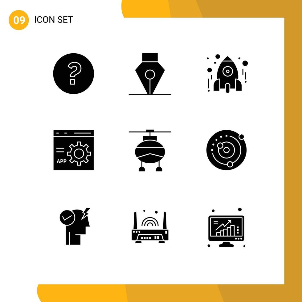 9 conceito de glifo sólido para sites móveis e aplicativos, programação de transporte, desenvolvimento de foguetes, codificação de elementos de design vetorial editáveis vetor