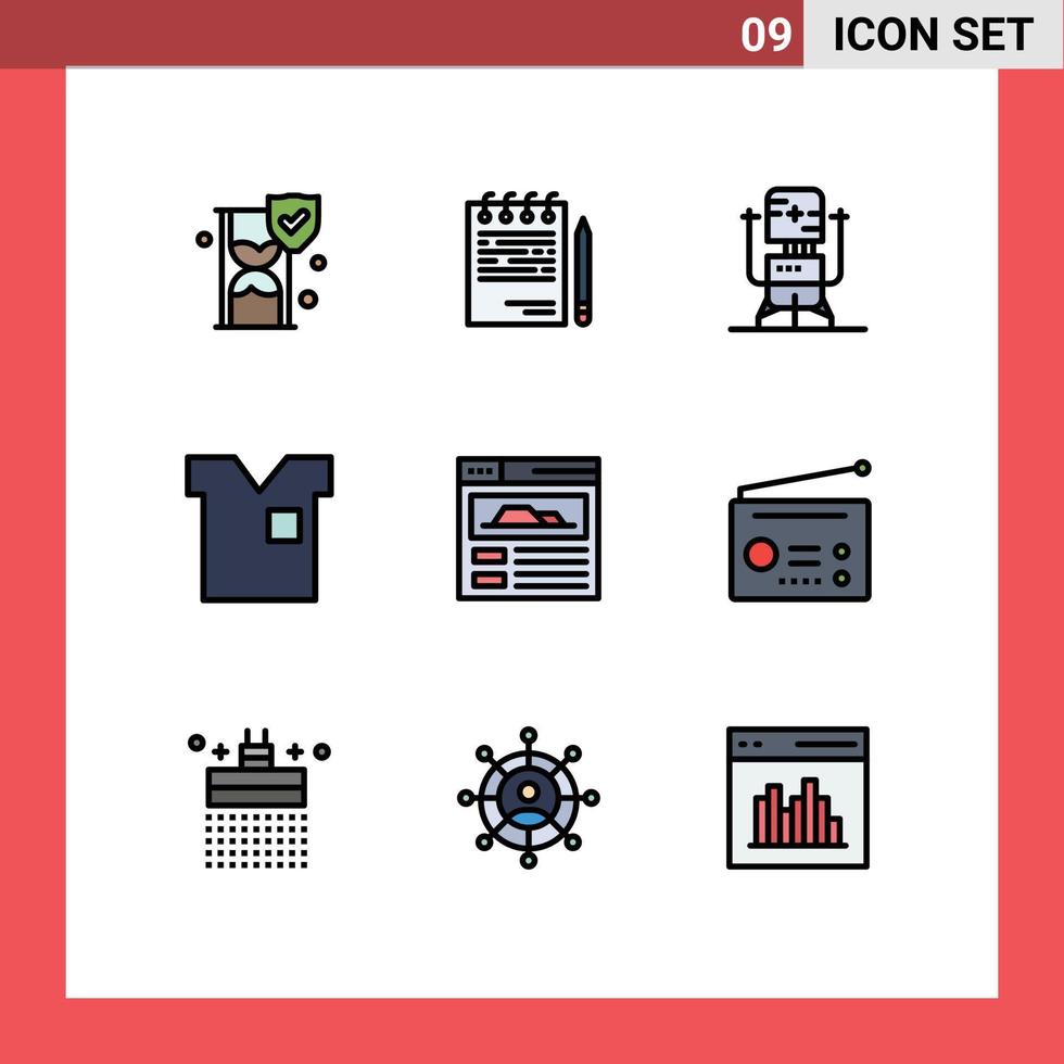 pacote de cores planas fillline de 9 símbolos universais de plano de roupas de camisa elementos de design de vetores editáveis da máquina de roupas