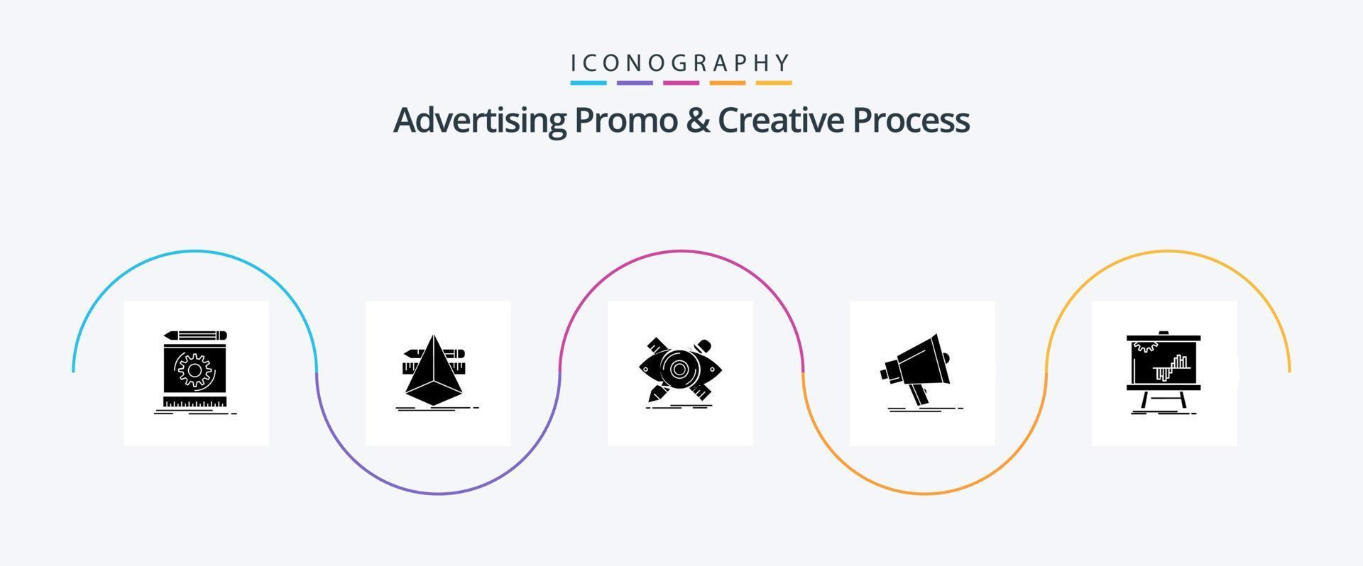 promoção de publicidade e pacote de ícones de glifo de 5 processos criativos, incluindo marketing. megafone. retrato falado. Ferramentas. ilustração vetor