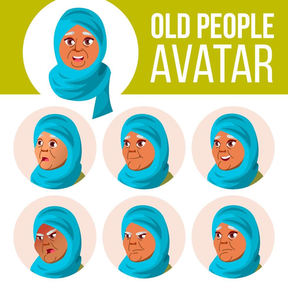 árabe, vetor de conjunto de avatar de velha muçulmana. enfrentar as emoções. retrato de pessoa sênior. pessoas idosas. envelhecido. vida, emocional. ilustração de cabeça de desenho animado