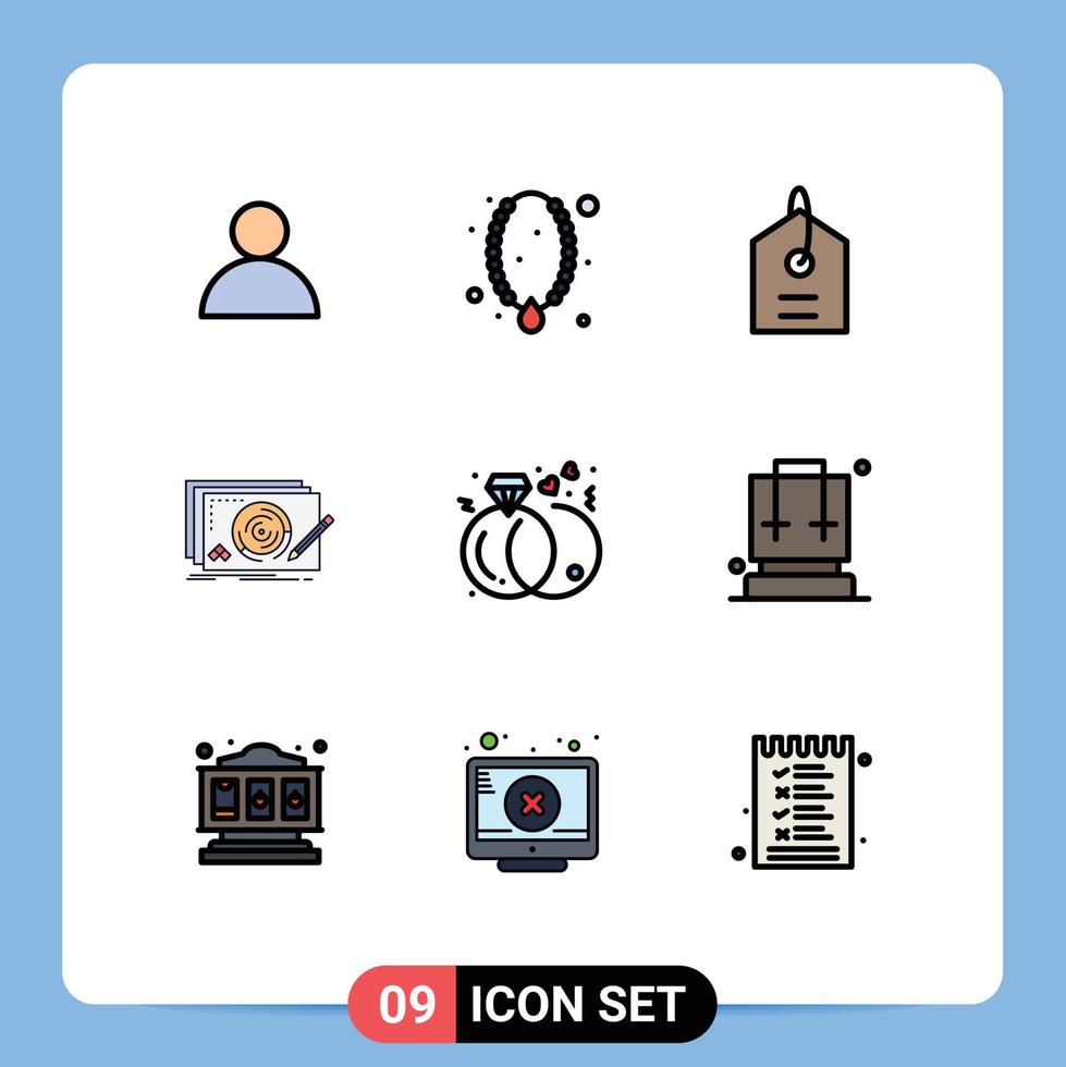 conjunto de cores planas de linha preenchida de interface móvel de 9 pictogramas de preço de jogo de noivado design completo elementos de design de vetores editáveis