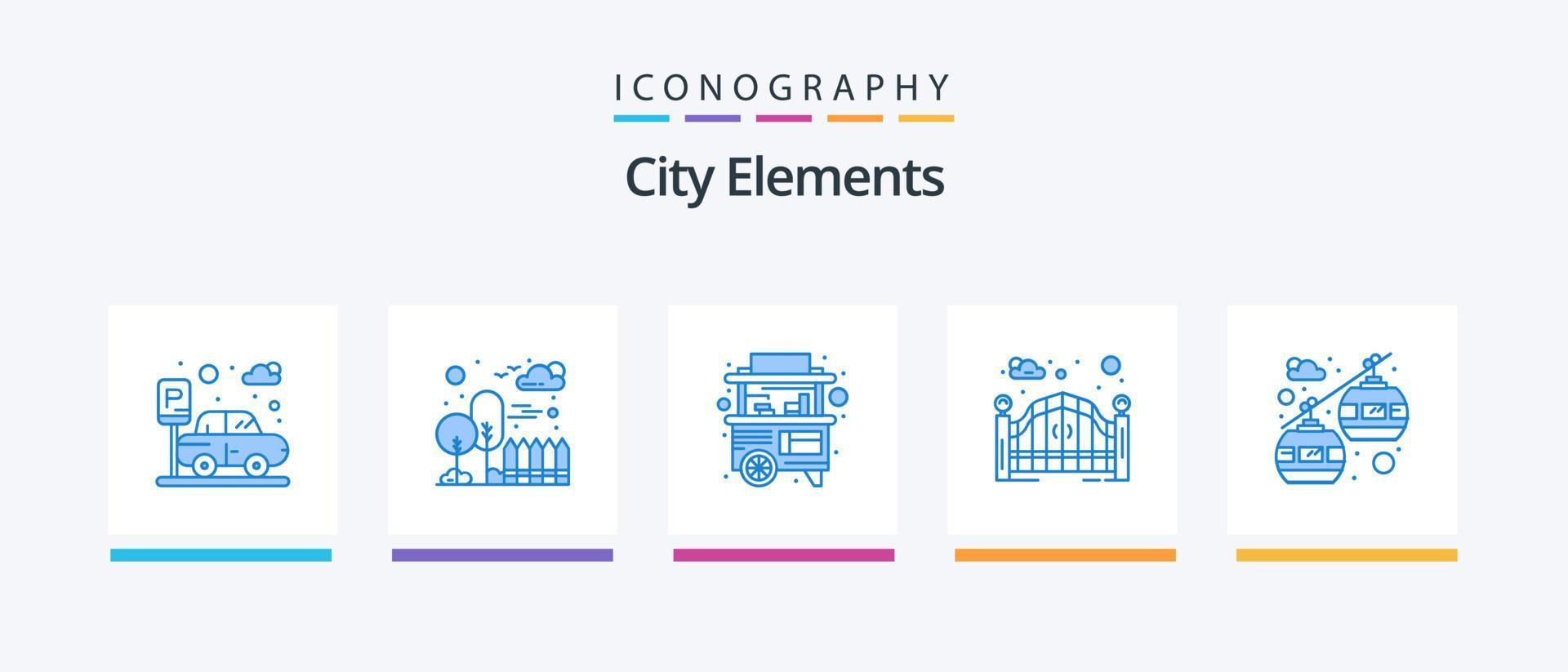 pacote de ícones azul 5 de elementos da cidade, incluindo elevador de cadeira. bonde, bondinho. parar. portão da rua. portão. design de ícones criativos vetor