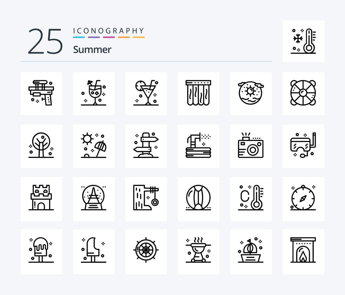 pacote de ícones de 25 linhas de verão, incluindo sol. internacional. beber. globo. verão vetor