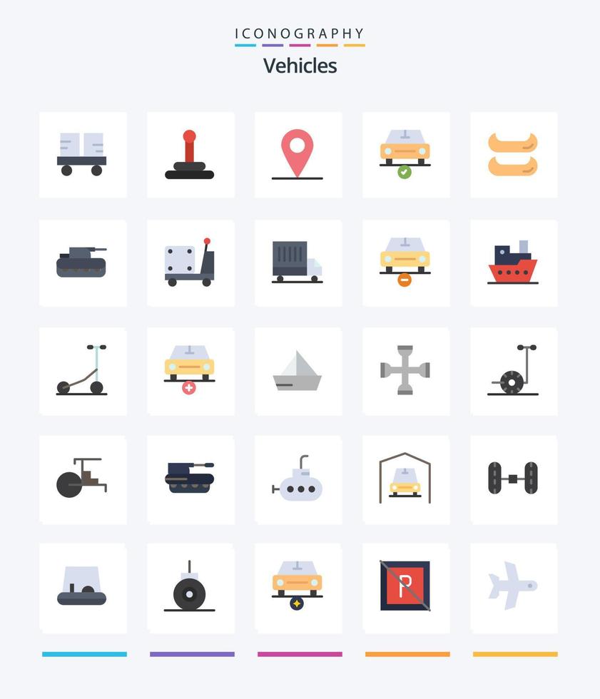 veículos criativos 25 pacotes de ícones planos, como militares. canoa. carro. barco. feito vetor