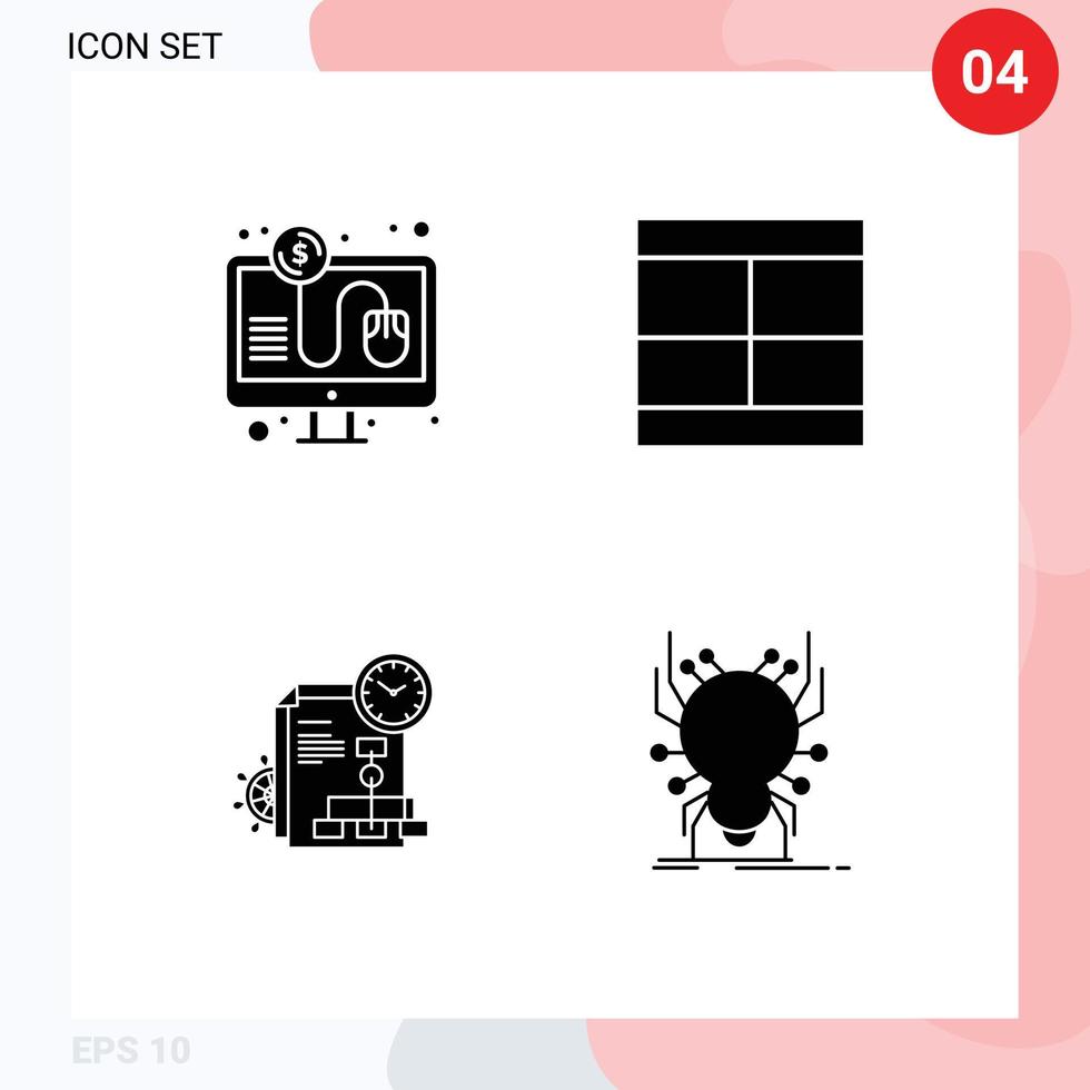 4 glifos sólidos universais definidos para aplicativos da web e móveis clique em tempo de pagamento online desenhar relatório elementos de design de vetores editáveis