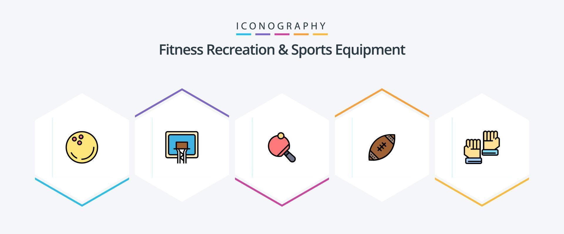 recreação de fitness e equipamentos esportivos 25 pacote de ícones de linha preenchida, incluindo luva. nfl. pong. futebol americano. americano vetor