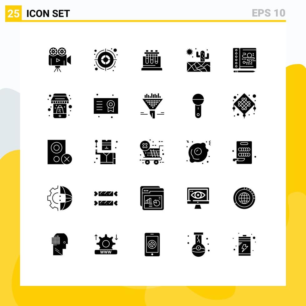 Pacote de glifos sólidos de 25 interfaces de usuário de sinais e símbolos modernos do processo de compras testam elementos criativos de design vetorial editável do sol vetor