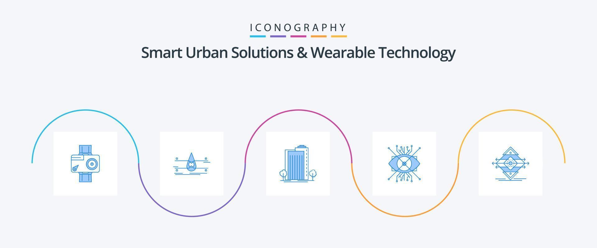 soluções urbanas inteligentes e pacote de ícones azul 5 de tecnologia vestível, incluindo cyber. ar. segurança. inteligente. plantar vetor