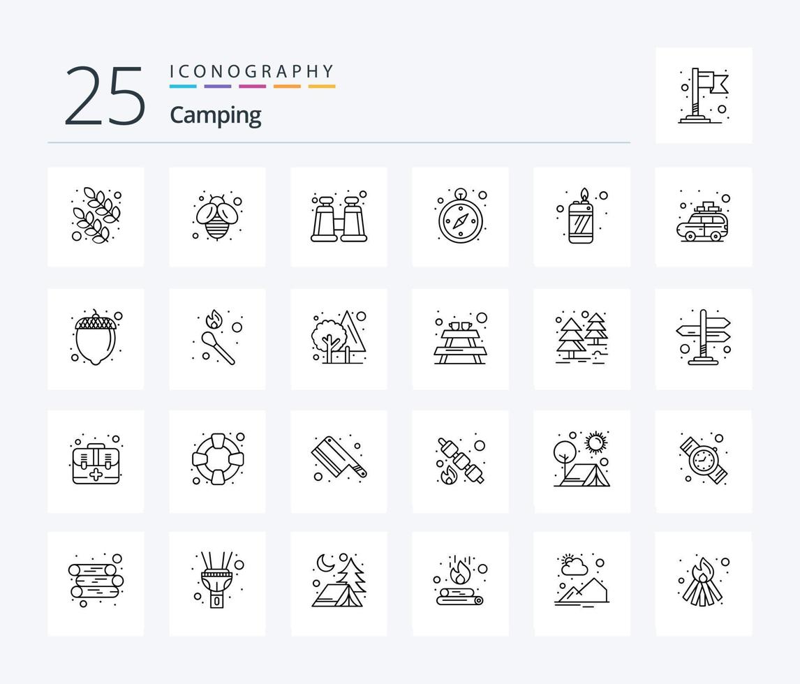 pacote de ícones de 25 linhas de acampamento, incluindo viagens. acampamento. luneta. mais leve. fogo vetor