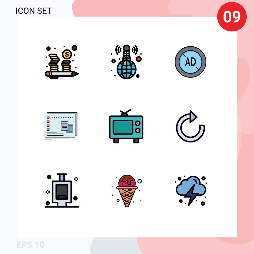 pacote de interface do usuário de 9 cores planas básicas de linhas preenchidas de elementos de design de vetores editáveis da janela operacional do anúncio de tv