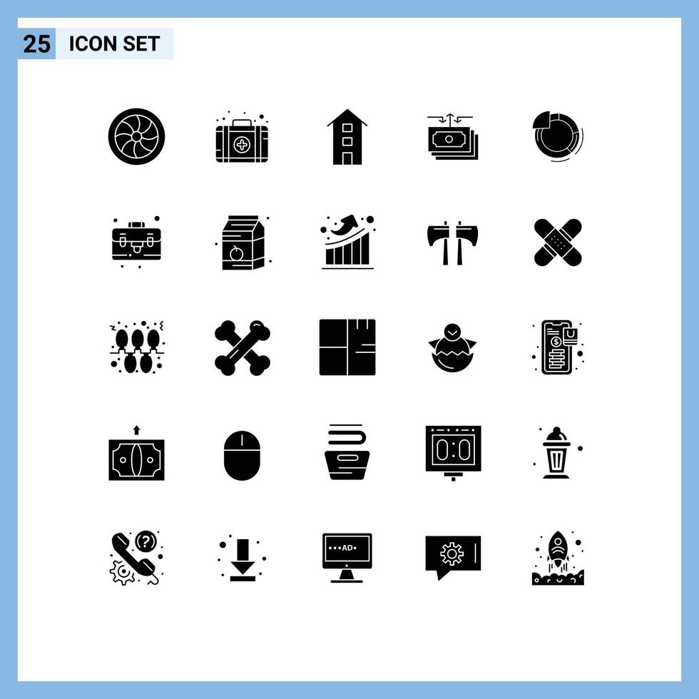 25 conceito de glifo sólido para sites móveis e gráficos de aplicativos, casa de dinheiro, dólares, elementos de design de vetores editáveis