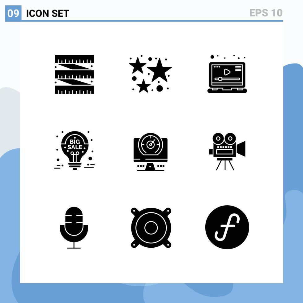 conjunto de pictogramas de 9 glifos sólidos simples de bússola mídia de grande venda idéias de grande venda elementos de design de vetores editáveis