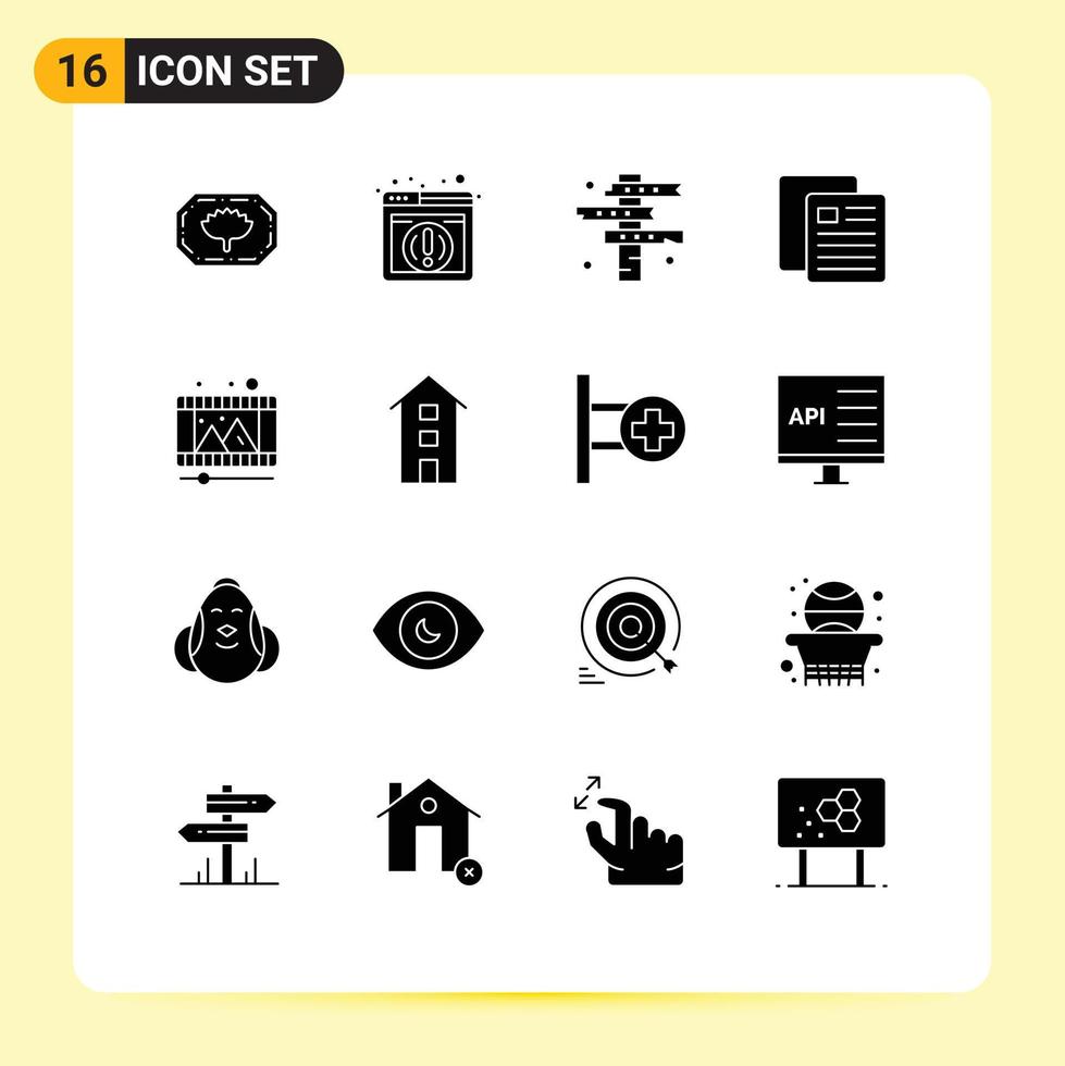 conjunto de glifos sólidos de interface móvel de 16 pictogramas de elementos de design de vetores editáveis de escola de estrada de reprodução de vídeo