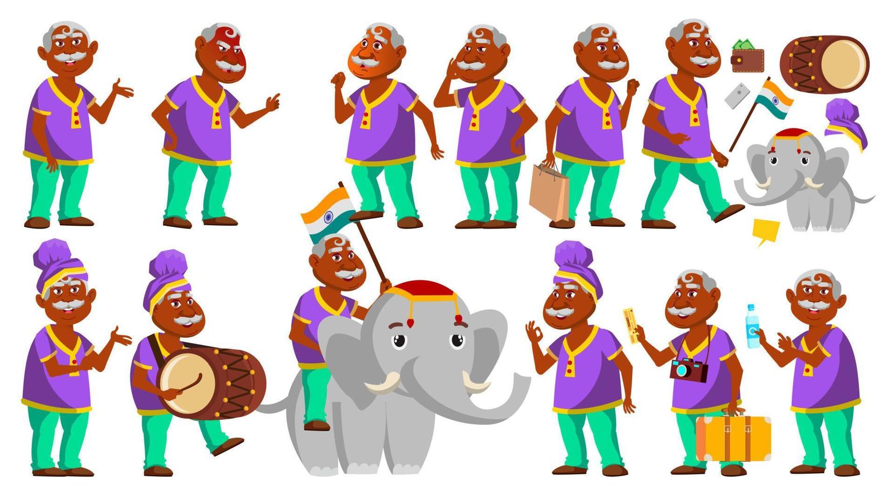 velho indiano posa vetor definido. pessoas idosas. hindu em turbante. pessoa sênior. envelhecido. festival tradicional, desfile. elefante. atividade. propaganda, saudação, design de anúncio. ilustração