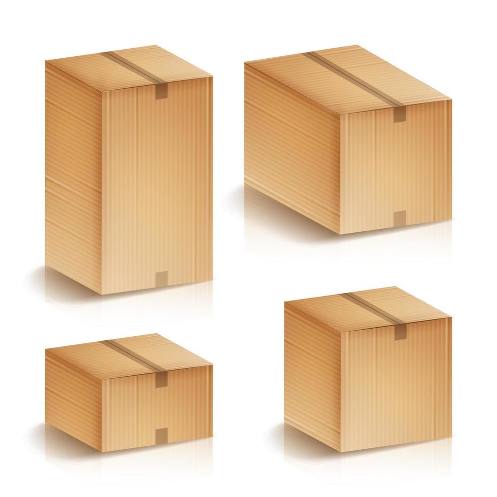 caixas de papelão realistas definem ilustração vetorial isolada. conjunto de caixas de entrega de papelão. vetor