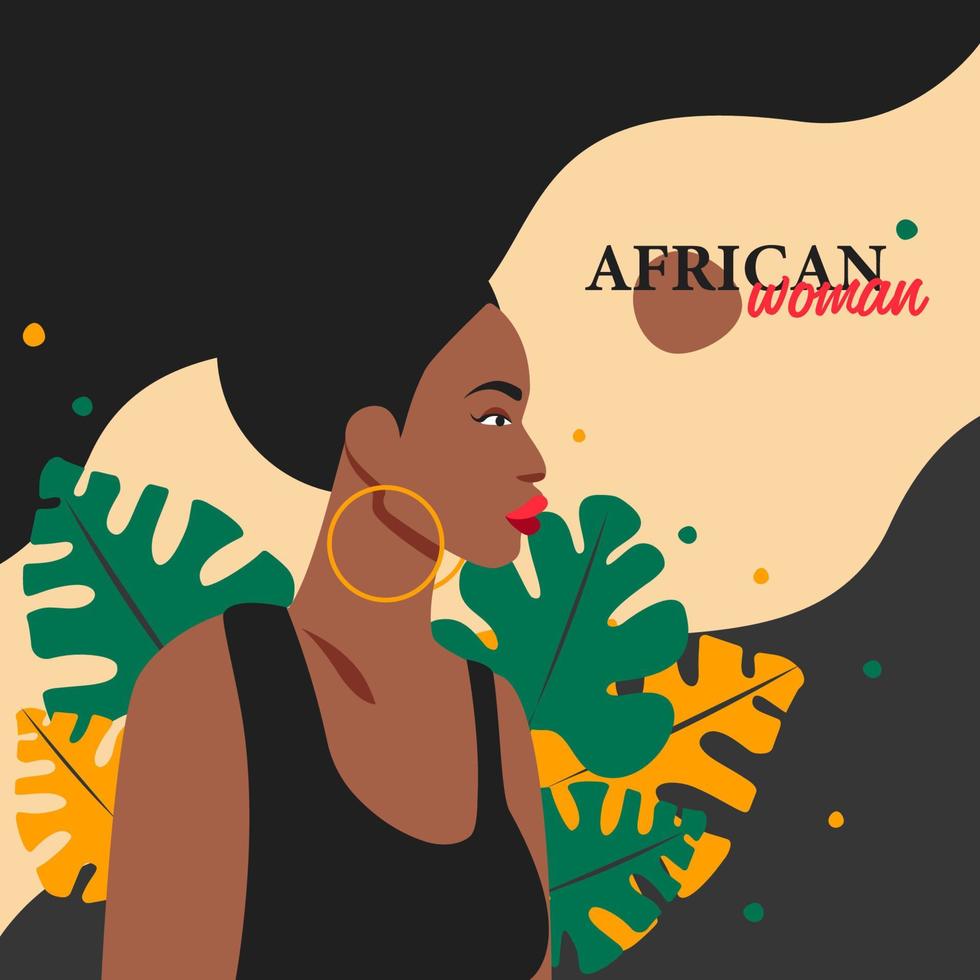 bela colagem de moda moderna com retrato de mulher africana abstrata e folhas, plano de vetor