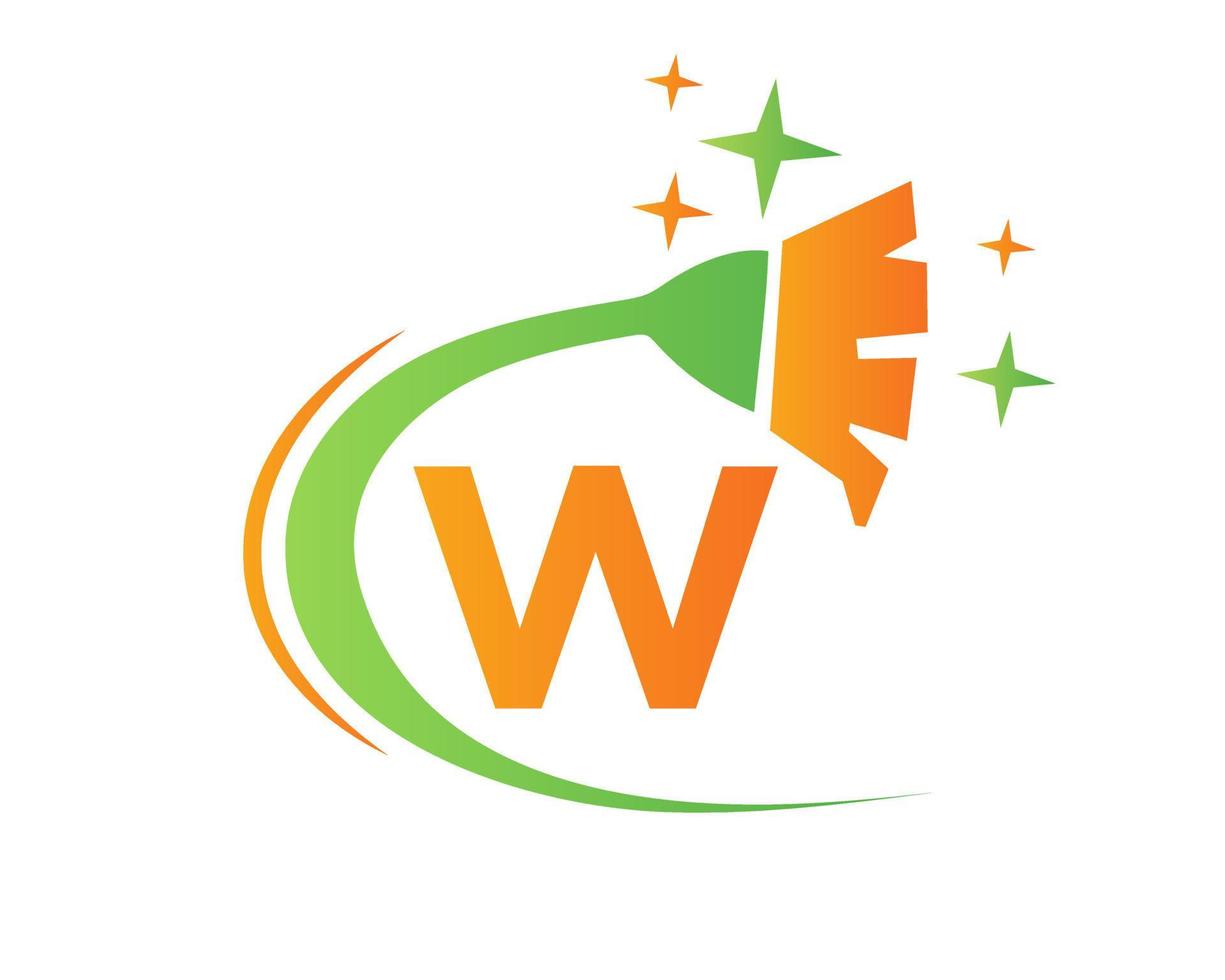 logotipo de limpeza de casa na letra w com respingos de água e conceito de folha. ícone de folha de logotipo de empregada e modelo de gota de água vetor