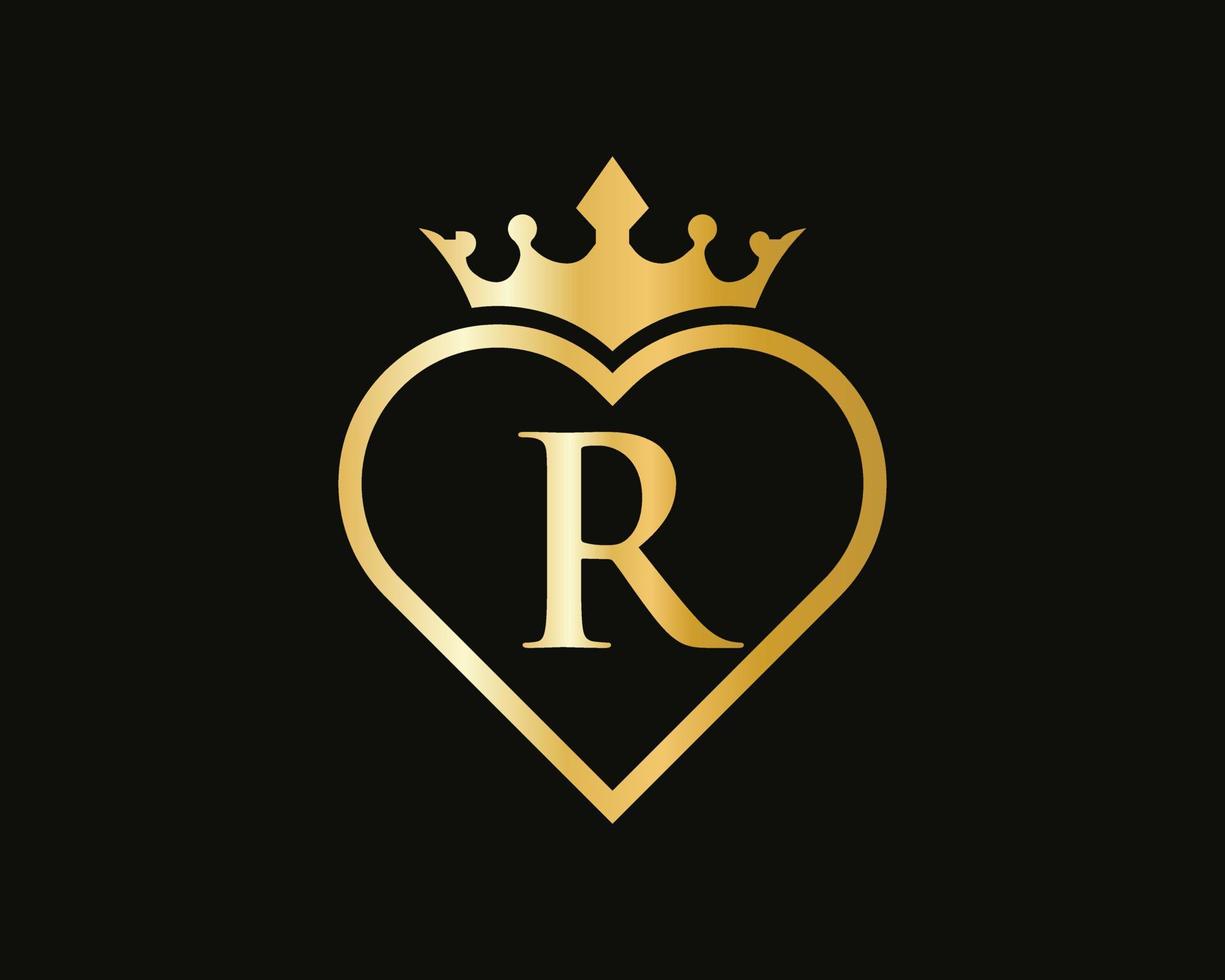 logotipo da letra r com coroa e forma de amor vetor