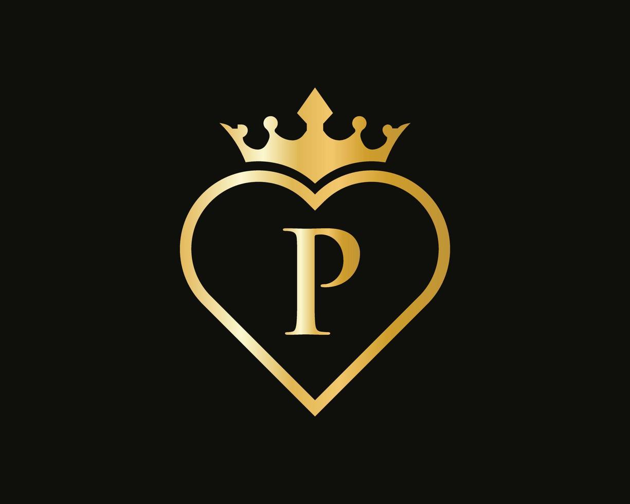 logotipo da letra p com coroa e forma de amor vetor