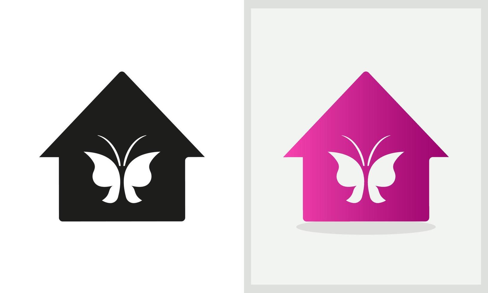 design de logotipo de casa de borboleta. logotipo em casa com vetor de conceito de borboleta. spa de beleza e design de logotipo para casa
