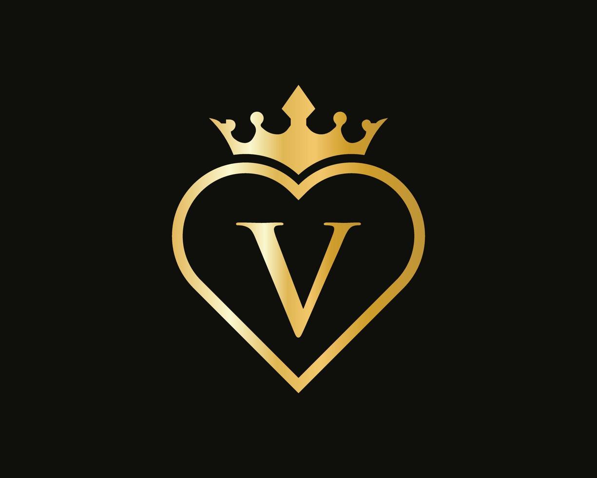 logotipo da letra v com coroa e forma de amor vetor