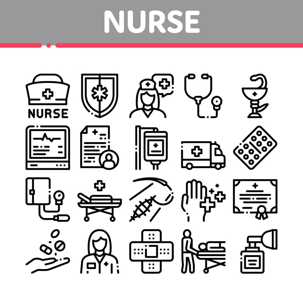 vetor de conjunto de ícones de coleção de ajuda médica de enfermeira