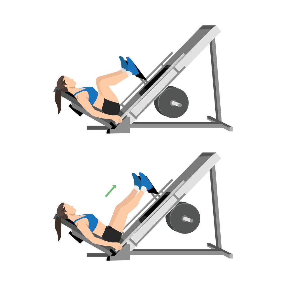 mulher fazendo exercício leg press na máquina. ilustração vetorial plana isolada no fundo branco vetor