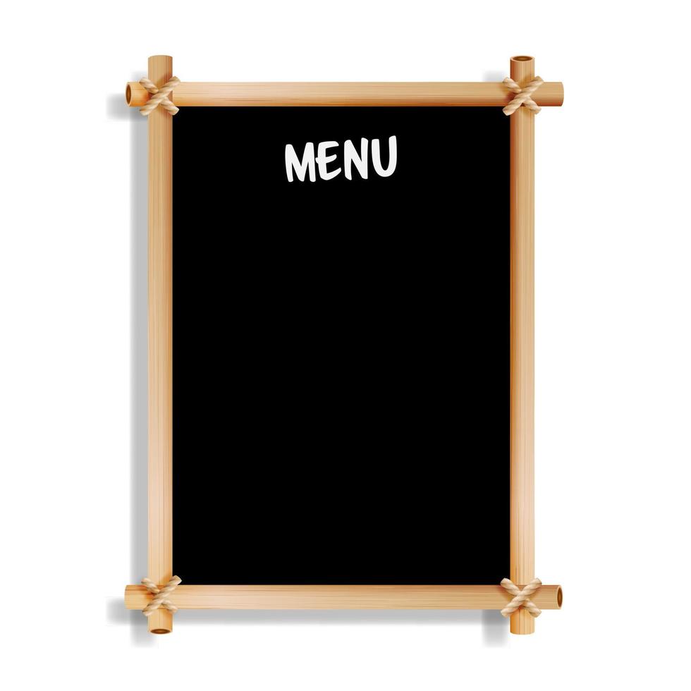 placa do menu. quadro negro de boletim de menu de café ou restaurante. isolado no fundo branco. lousa de tabuleta preta realista com moldura de madeira pendurada. ilustração vetorial vetor