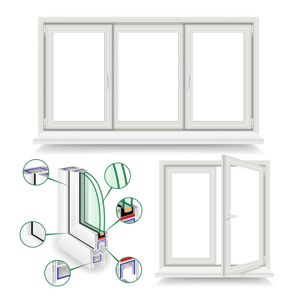 vetor de janela de plástico. modelo de infográfico. perfil de moldura de janela de plástico. ilustração isolada