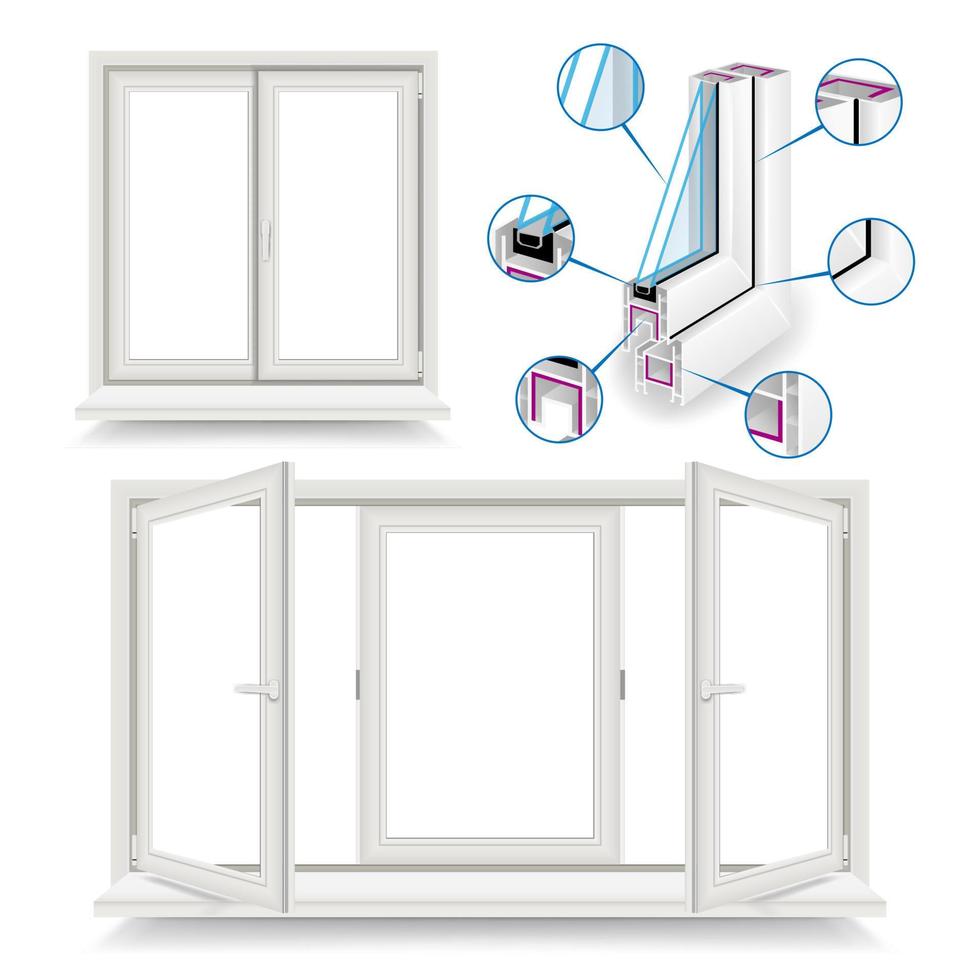 vetor de janela de plástico. modelo de infográfico. perfil de moldura de janela de plástico. ilustração isolada