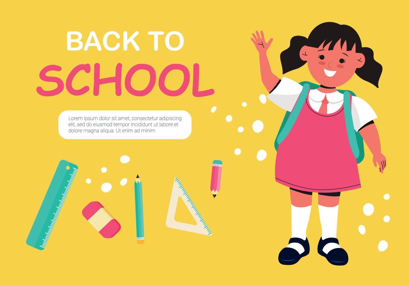 banner de volta à escola com um aluno sorridente e material escolar. colorido de volta ao modelo escolar para convite, cartaz, banner, promoção, venda, etc. material escolar ilustração dos desenhos animados. vetor