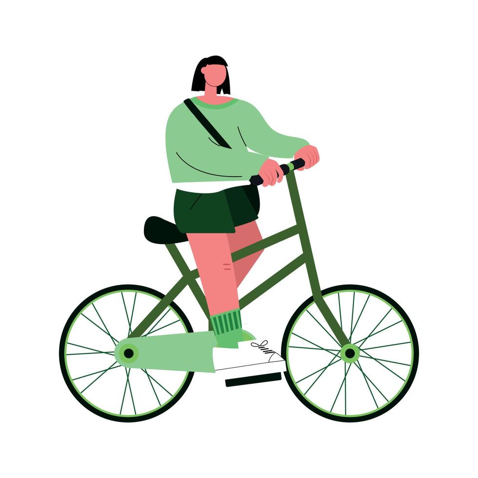 vida sustentável. personagens na moderna bicicleta de condução da cidade ecológica. veículo ecológico e conceito de transporte sustentável. ilustração vetorial. vetor